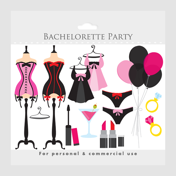 Bachelorette Party Clipart - Clip Art Bachelorettes, Sexy, Corsets, Fashion, Make-up, Makeup, Balloons, Ring, Lipstick, Dress Form, Lingerie